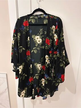 Cejon Black Floral Kimono with Green Leaves & Blue Blooms